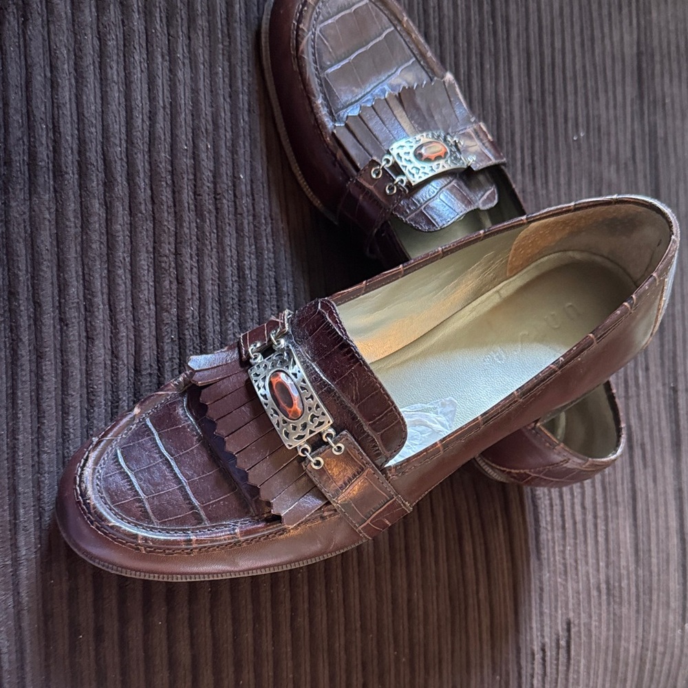 Unisa Brown Croc-Embossed Loafers with Silver Accent